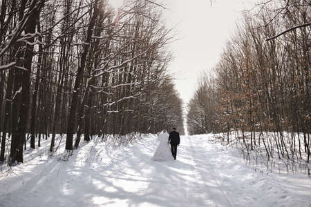 A newlywed wedding couple walks in winter along a snowy road in the middle of the forest. White long bridesmaid dresses and a photo on the girl and a black business suit on the man.の写真素材
