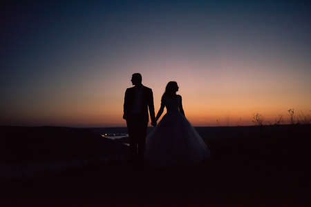 Silhouettes of bride and groom in wedding dress at night against backdrop of large lake and islands. Bakota, Ukraineの写真素材