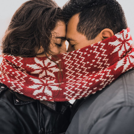 young man and woman stand kissing and hugging. bride and groom in love couple in knitted scarf and mittens in winter with snow and snowflakes. wedding dress. mexican peopleの写真素材