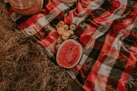 Travel blanket checkered red plaid on grass in summer on sunny day for picnic. wicker basket, scattered fruits, ripe apples, juicy cut watermelon seeds, straw hat. Camping, holiday, rest at natureの写真素材