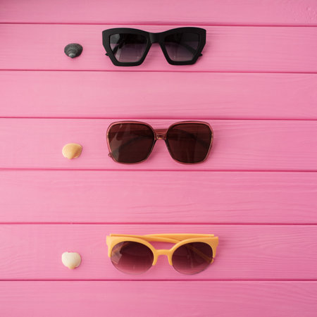 Summer abstract background mockup template free copy space for text pattern sample top view above on pink wooden board. blank empty area for inscription. Stylish sunglasses fashionable with seashellsの写真素材
