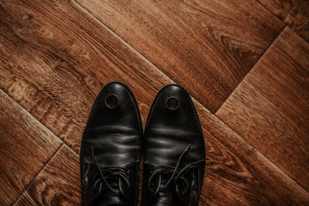 Men classic fashion formal black shoes. boots on a brown textured wooden floor.