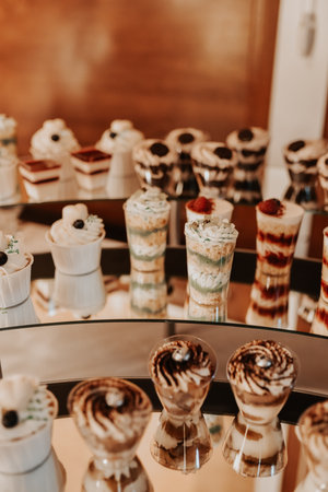stylish desserts with strawberry, candy bar with sweets at luxury wedding reception. catering at restaurant. cupcakes macaroons on table. space for text. cakes, strawberry tartlet, cupcakes macaronsの写真素材