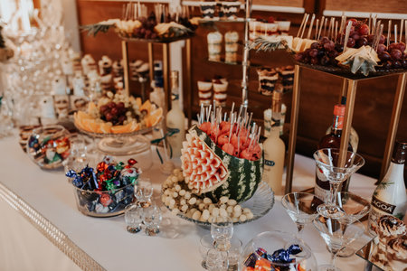 stylish desserts with strawberry, candy bar with sweets at luxury wedding reception. catering at restaurant. cupcakes macaroons on table. space for text. cakes, strawberry tartlet, cupcakes macaronsの写真素材