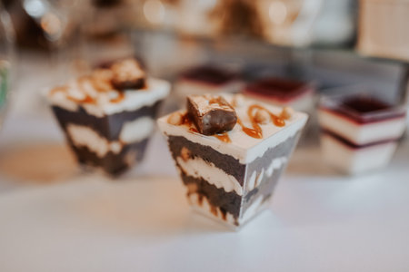 stylish desserts with strawberry, candy bar with sweets at luxury wedding reception. catering at restaurant. cupcakes macaroons on table. space for text. cakes, strawberry tartlet, cupcakes macaronsの写真素材