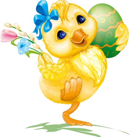 merry festive Easter egg with duck and flowersのイラスト素材