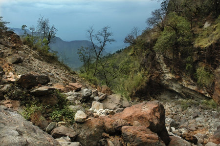 beautiful landscape - rocky steep mountain slopes and trails