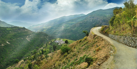 alpine landscape in the Himalayas and on the side of a dirt road