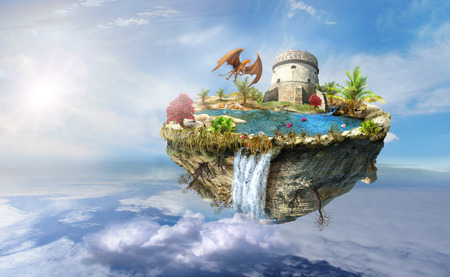 island with a dragon and tower castle, a waterfall on the from above flipped mountain is flying in spaceの写真素材