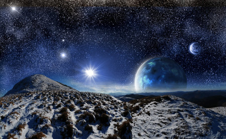 night mountain landscape on a background of outer space and two months