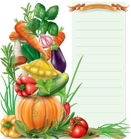 Vegetables and spices vertical composition and Paper for Notes. Vector illustrationのイラスト素材