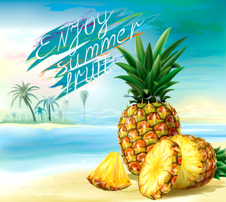 Cut pineapple and round slices on a tropical background. Vector illustrationのイラスト素材