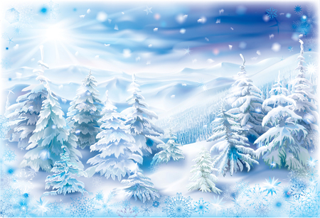 Winter landscape with snowy trees and snowflakes frameのイラスト素材
