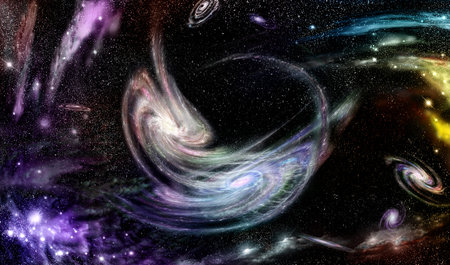 Collision of two spiral galaxies against the background of outer space.