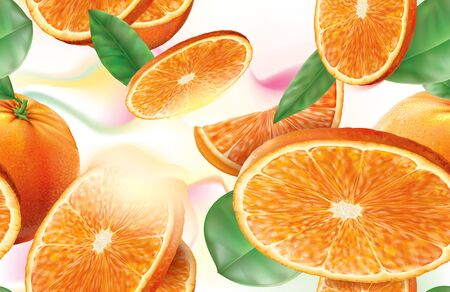 Vector background oranges fruits with slices and leavesのイラスト素材