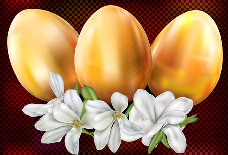 Golden easter eggs and flower on a dark background. Vector illustrationのイラスト素材