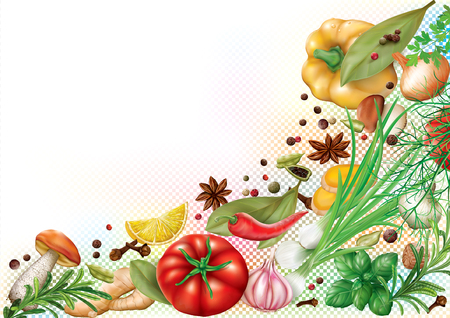 Aromatic spices, herbs and vegetables designのイラスト素材