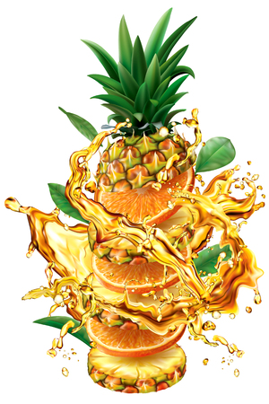 Slices of Orange and Pineapple into of burst splashes of juices. Vector illustrationのイラスト素材
