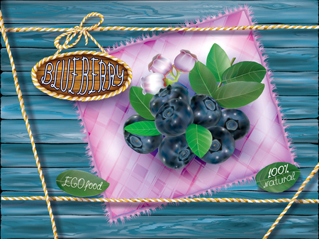 Blueberry fruits with leaves and flower on a motley cloth and wooden background. Vector packaging illustrationのイラスト素材