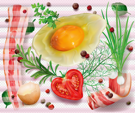 Composition with bacon, egg and aromatic herbs and spices on a transparent background. Vector mesh illustrationのイラスト素材