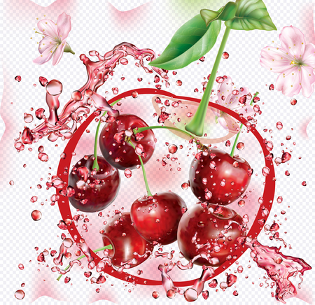 Splashes of fresh juice on the background of cherry silhouette. Mesh vector illustrationのイラスト素材