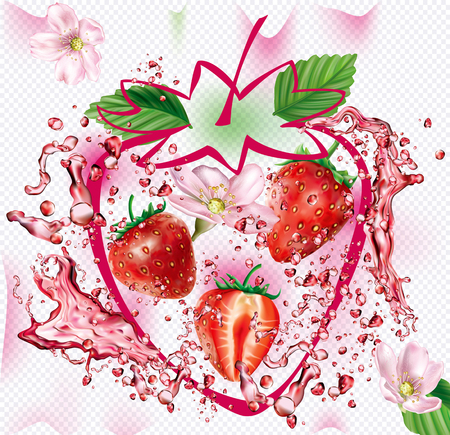 Splashes of fresh juice on the background of strawberry silhouette. Mesh vector illustrationのイラスト素材