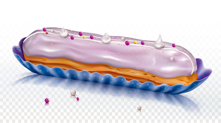 Eclair cake, log shaped pastry with pink icing. Vector mesh illustrationのイラスト素材