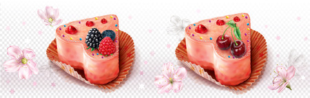 Pink heart shaped cupcake decorated with berries. Vector mesh illustrationのイラスト素材