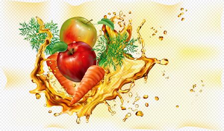 Mix burst splashes of juices apple and carrot on transparent background. Vector mesh illustrationのイラスト素材