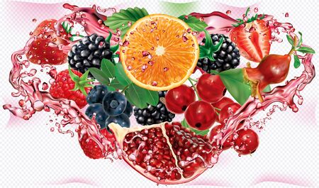 Berries and citrus juice. Berries mix into of burst splashes of juices on white background in triangular composition. Orange, pomegranate, strawberry, raspberry, blackberry, blueberry, red currant. Vector mesh illustrationのイラスト素材