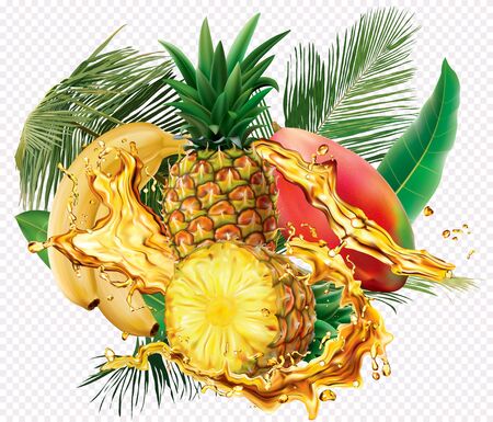Mix splashes of juices Banana, Mango, Pineapple. Vector mesh and curves illustrationのイラスト素材