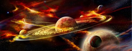 Planet with rings system and four satellites on a nebula backgroundの写真素材