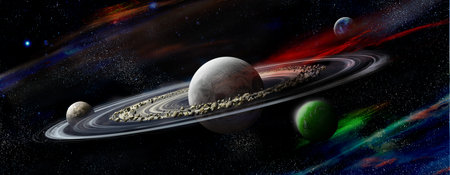 Planet in space with numerous prominent ring system and four satellites on a orbit the planet