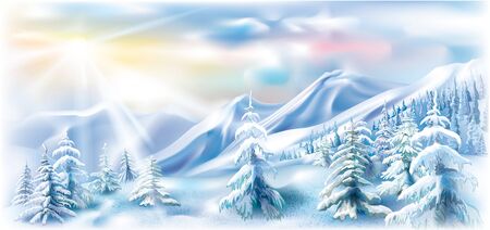 Winter mountains landscape with snowy trees. Vector illustrationのイラスト素材