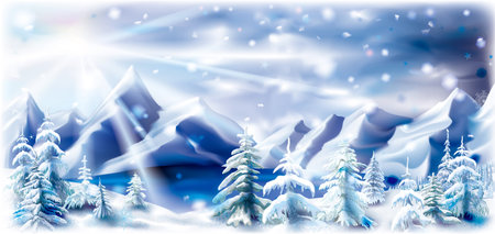 Winter mountains lake landscape with snowy trees. Vector illustrationのイラスト素材