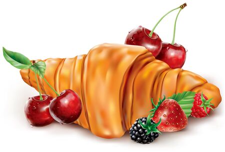 Fresh croissant with berries cherry blackberry strawberry raspberry. Vector mesh illustrationのイラスト素材