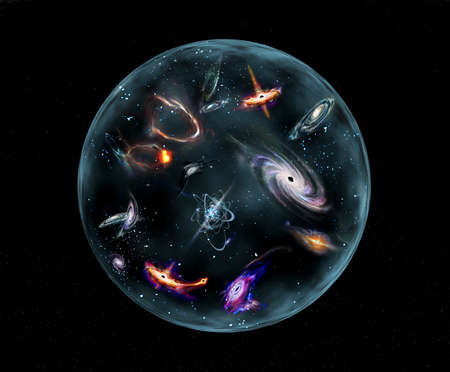Visible matter in universe space. Spiral galaxies, quasars, nebulae, neutron stars. Art conceptの写真素材