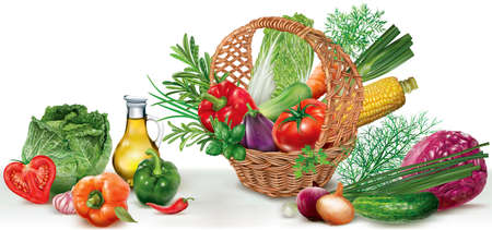 Vegetables, herbs, spices in basket on a white background. Mesh vector illustrationのイラスト素材