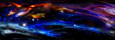 Space landscape. Panoramic view of colorful nebulae and stone exoplanets on a background of space background. Art conceptの写真素材