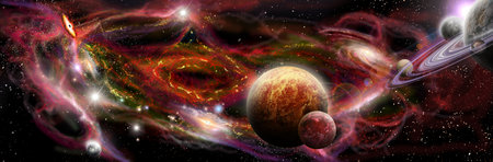 Space landscape. Panoramic view of colorful nebulae, galaxies and stone exoplanet on a background of space background. Art conceptの写真素材