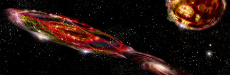 A quasar with a black hole at the center and a spiral galaxy and a burning exoplanet. Art conceptの写真素材