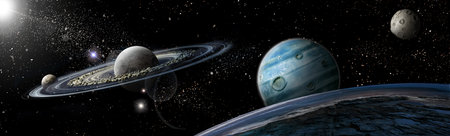 Space landscape. Outer space with various exoplanets and their moons and rings. Art concept