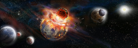 Collision and crash between a exoplanet and its satellite. Alien solar systemSpace landscape. Art...