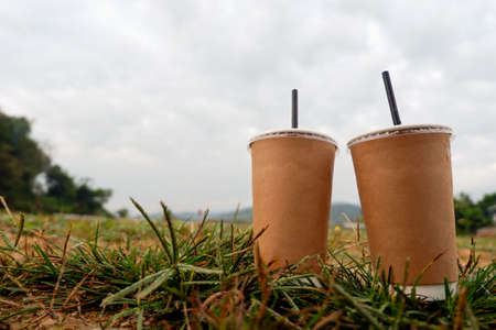 2 paper cups in the middle of the grassの写真素材