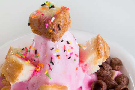 Pink Milk Ice cream with toast topping served in a bowlの写真素材