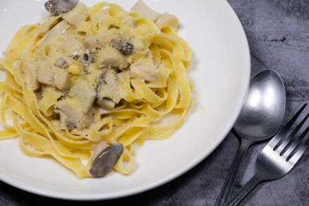 Creamy Tagliatelle with mushroom cream sauce on white plate on concrete background with spoon and fork. Close upの写真素材