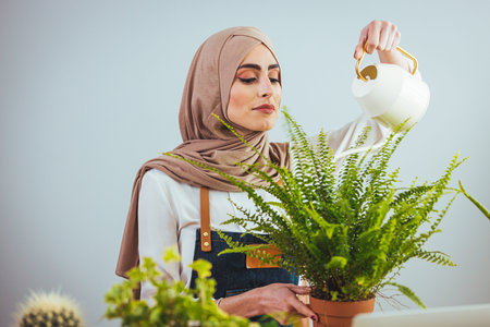 Hijab woman watering plant at home. Home gardening concept.