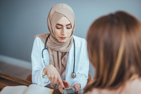 Muslim female doctor and patient discussing something while sitting at the table.