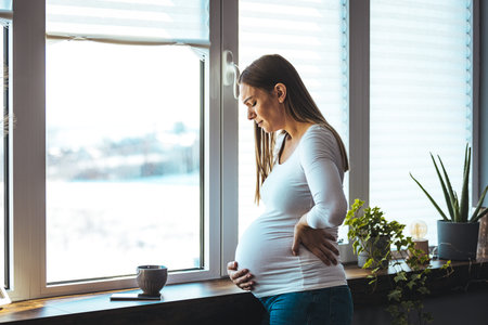 Pregnant woman standing near window at home and touching her belly