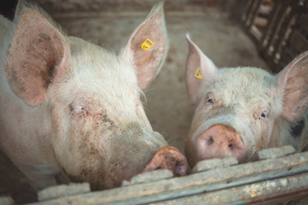 Two pigs in a pen at the farm. Selective focus.